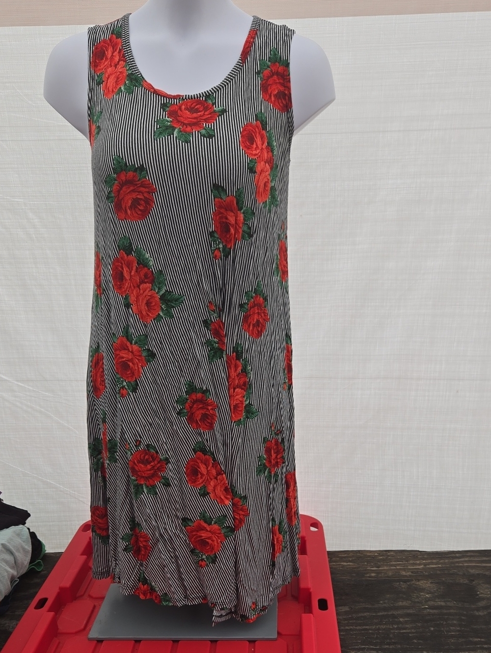 Espresso Red Rose Print Striped Midi Dress